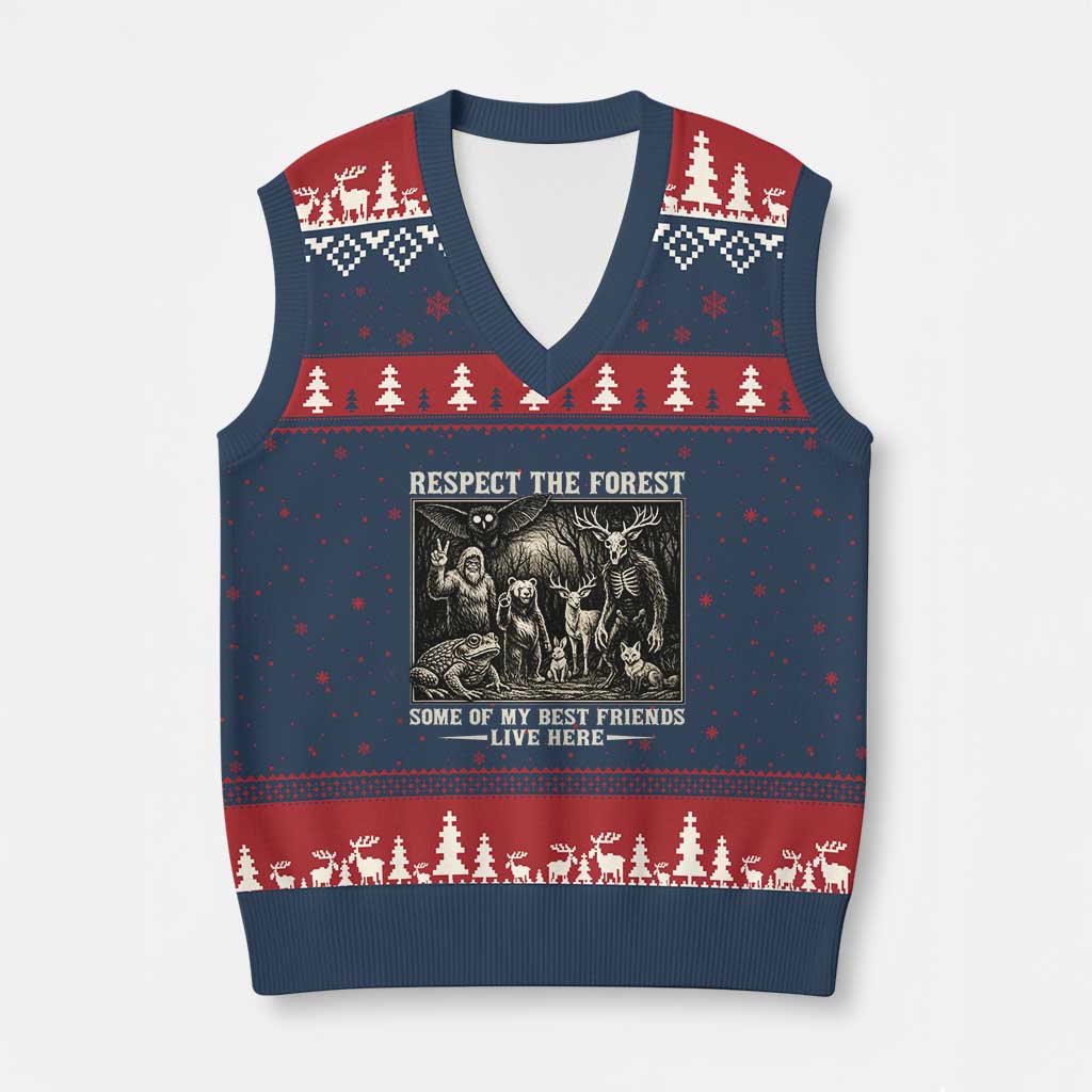 Respect The Forest My Best Friends Live Here V-Neck Knit Sweater Vest Cryptid Forest Lover