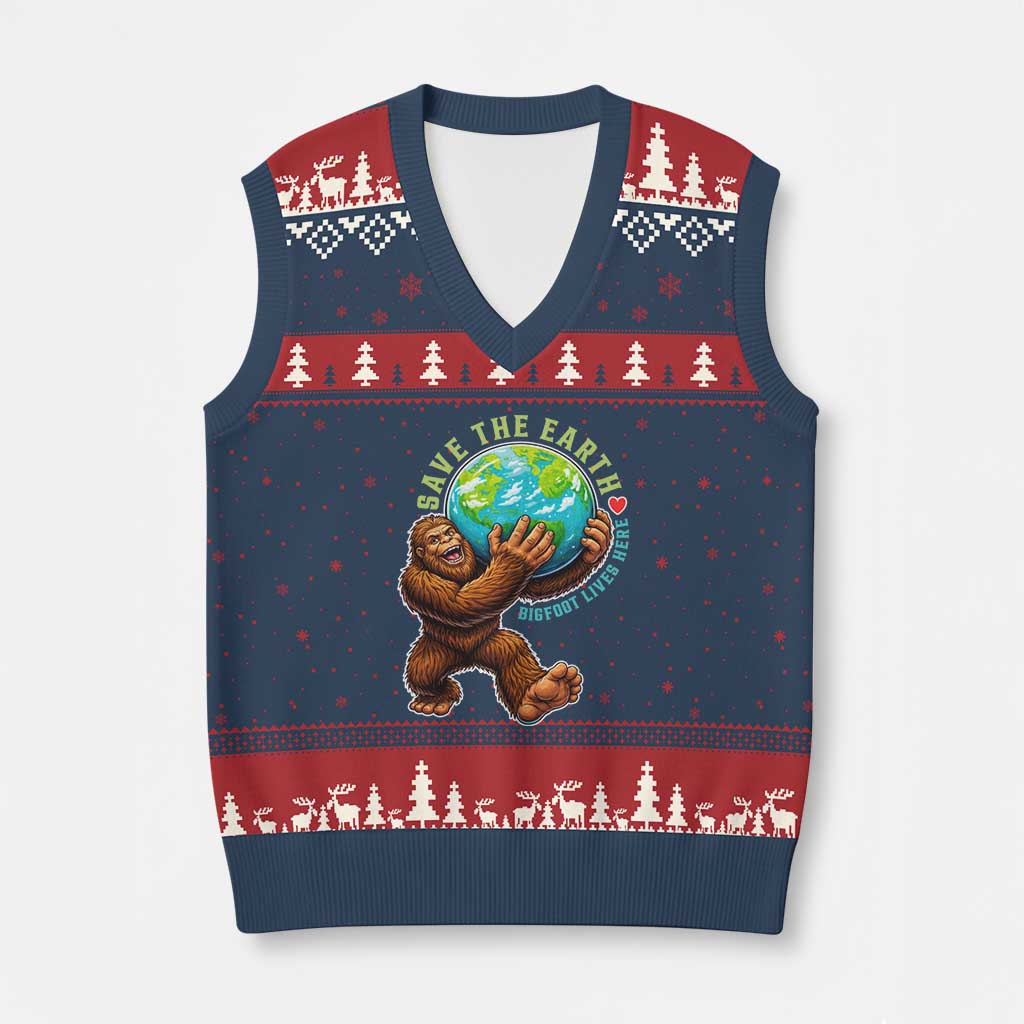 Earth Day V-Neck Knit Sweater Vest Save The Earth Bigfoot Lives Here