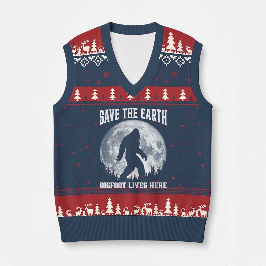 Save The Earth Bigfoot Lives Here V-Neck Knit Sweater Vest Earth Day Nature Lover