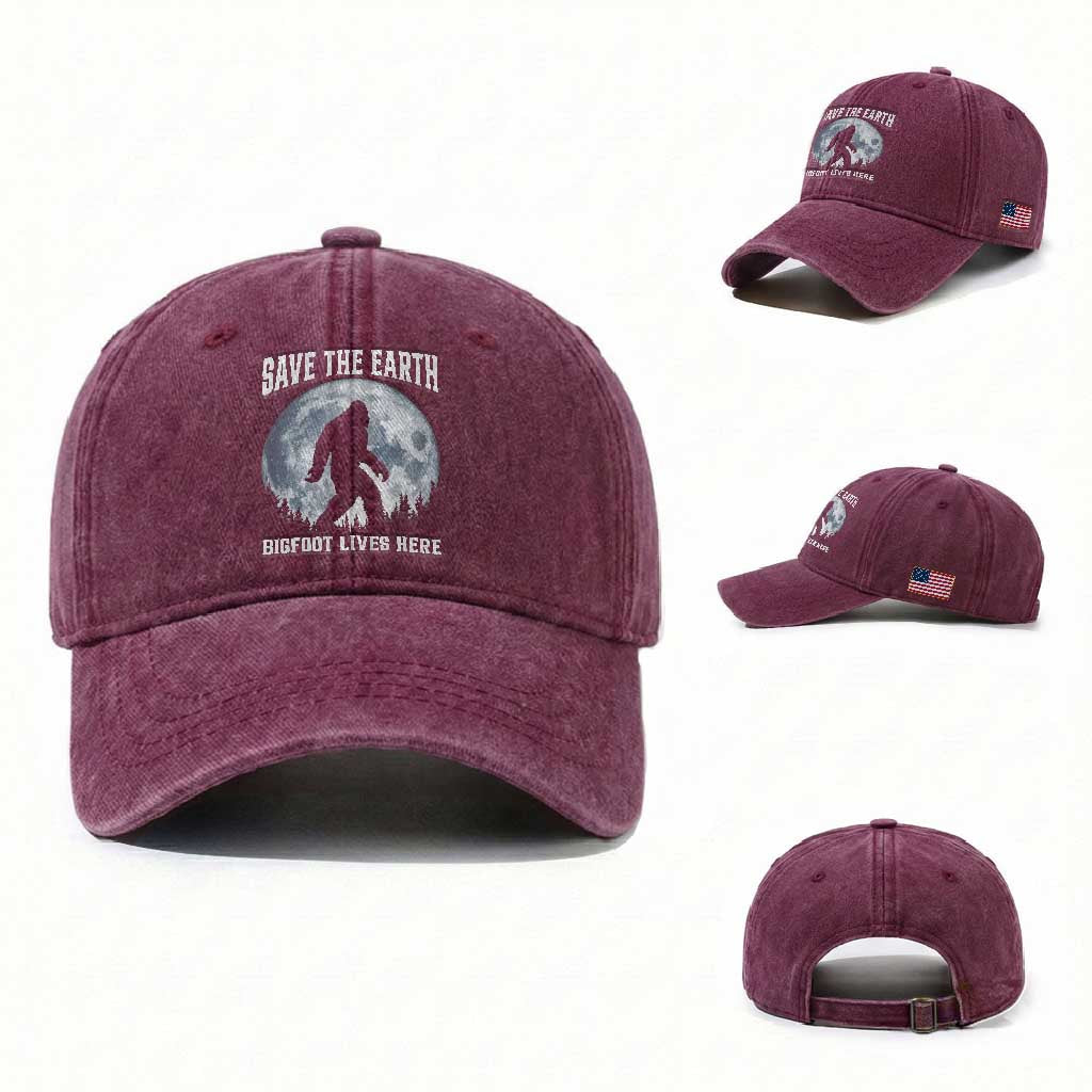 Save The Earth Bigfoot Lives Here Washed Cotton Baseball Cap Earth Day Nature Lover