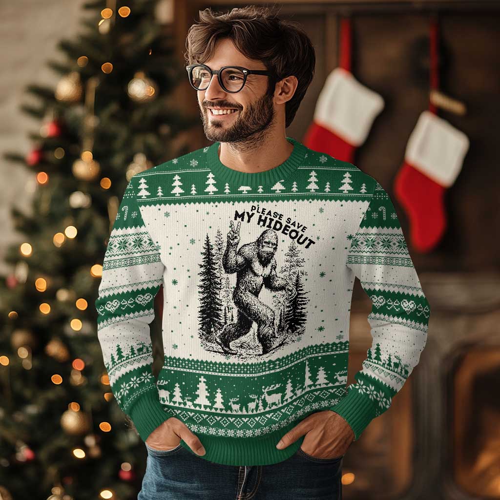 Please Save My Hideout Ugly Christmas Sweater Bigfoot Forest Protector
