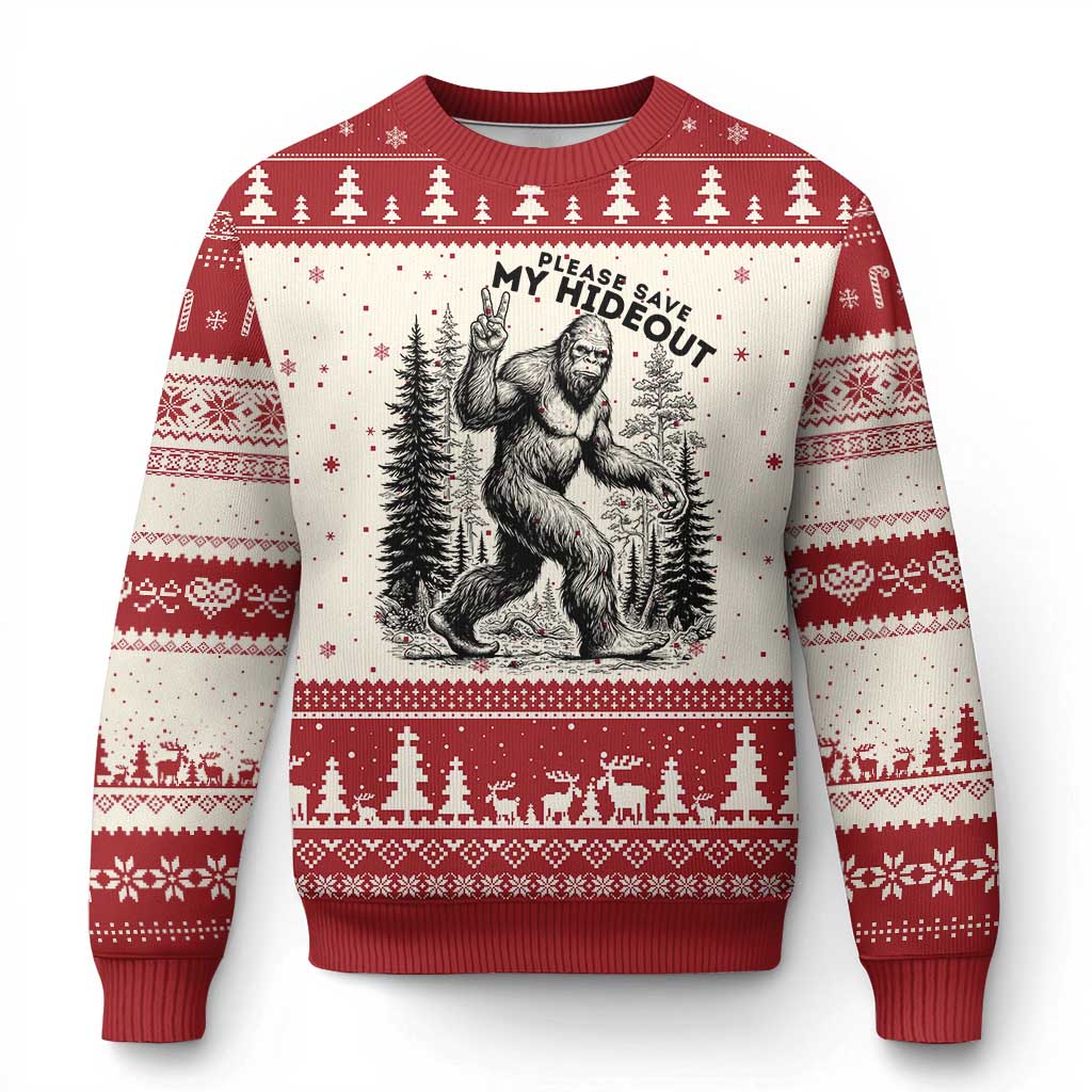 Please Save My Hideout Ugly Christmas Sweater Bigfoot Forest Protector