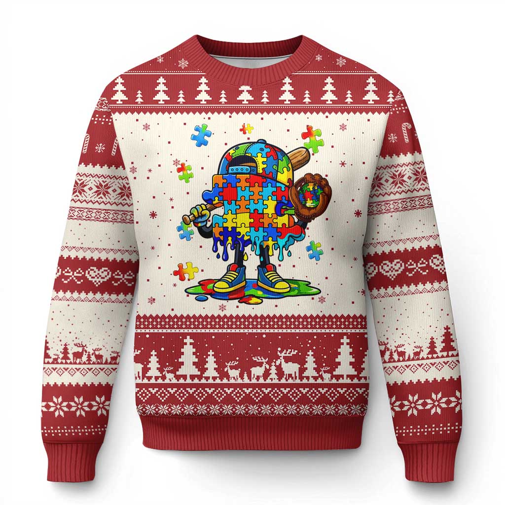 Autism Acceptance Baseball Ugly Christmas Sweater Colorful Drip Graphic Neurodiversity Support
