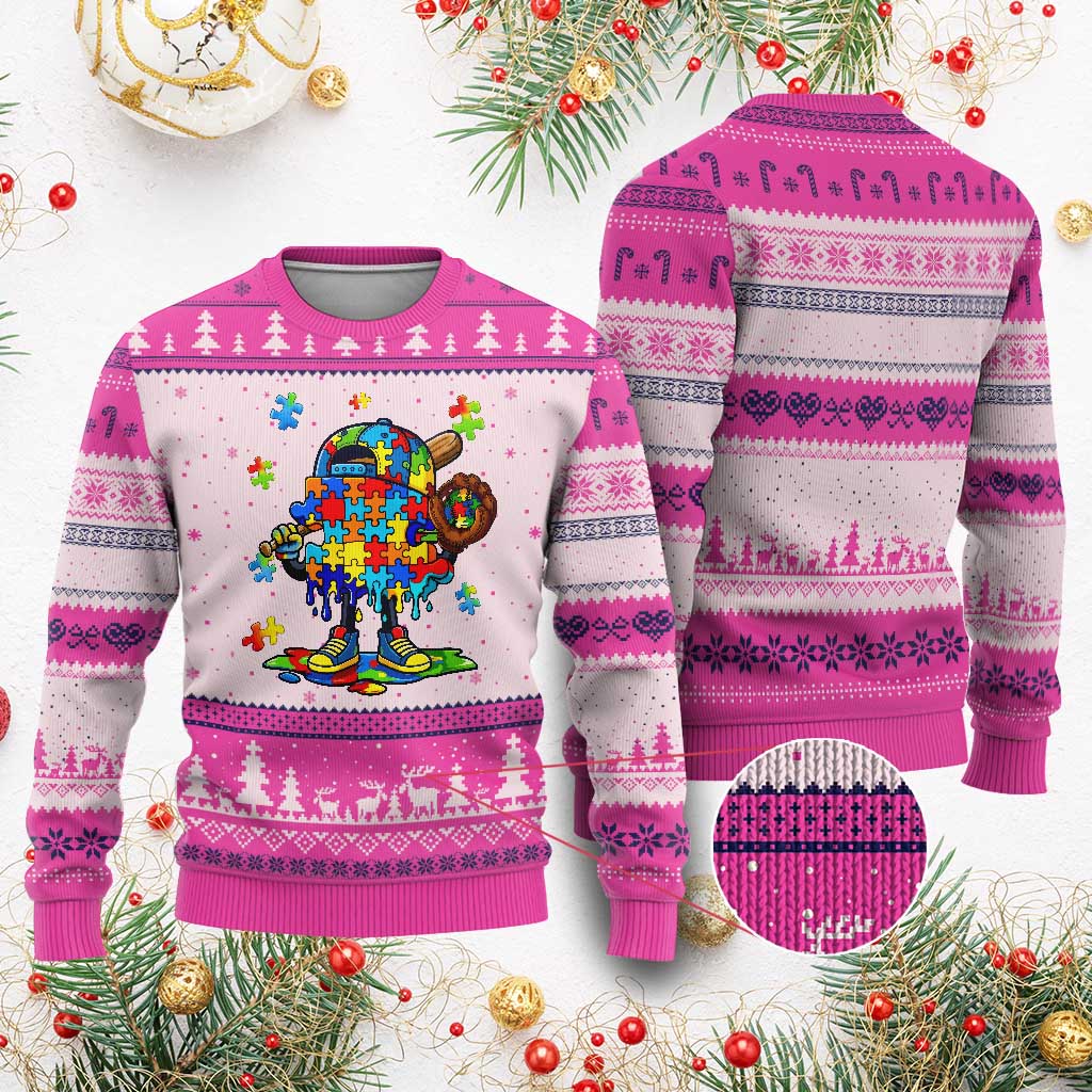 Autism Acceptance Baseball Ugly Christmas Sweater Colorful Drip Graphic Neurodiversity Support
