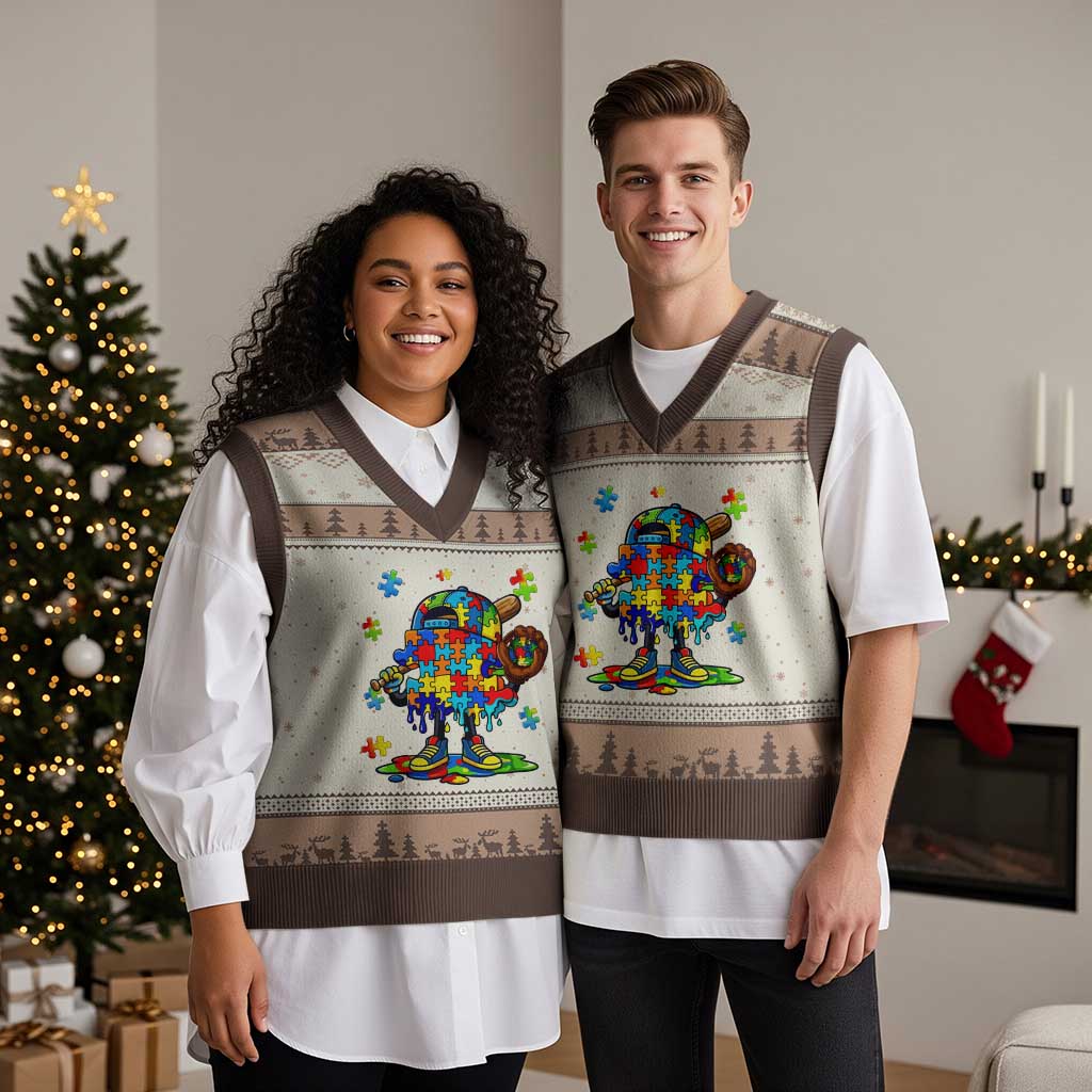 Autism Acceptance Baseball V-Neck Knit Sweater Vest Colorful Drip Graphic Neurodiversity Support