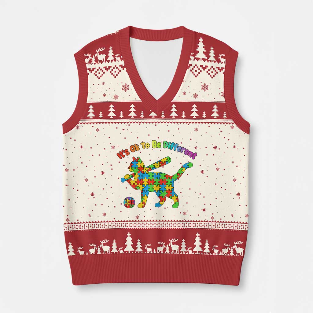 Autism Acceptance Baseball Cat V-Neck Knit Sweater Vest It Is Ok To Be Different