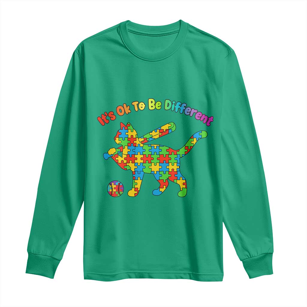 Autism Acceptance Baseball Cat Long Sleeve Shirt It Is Ok To Be Different