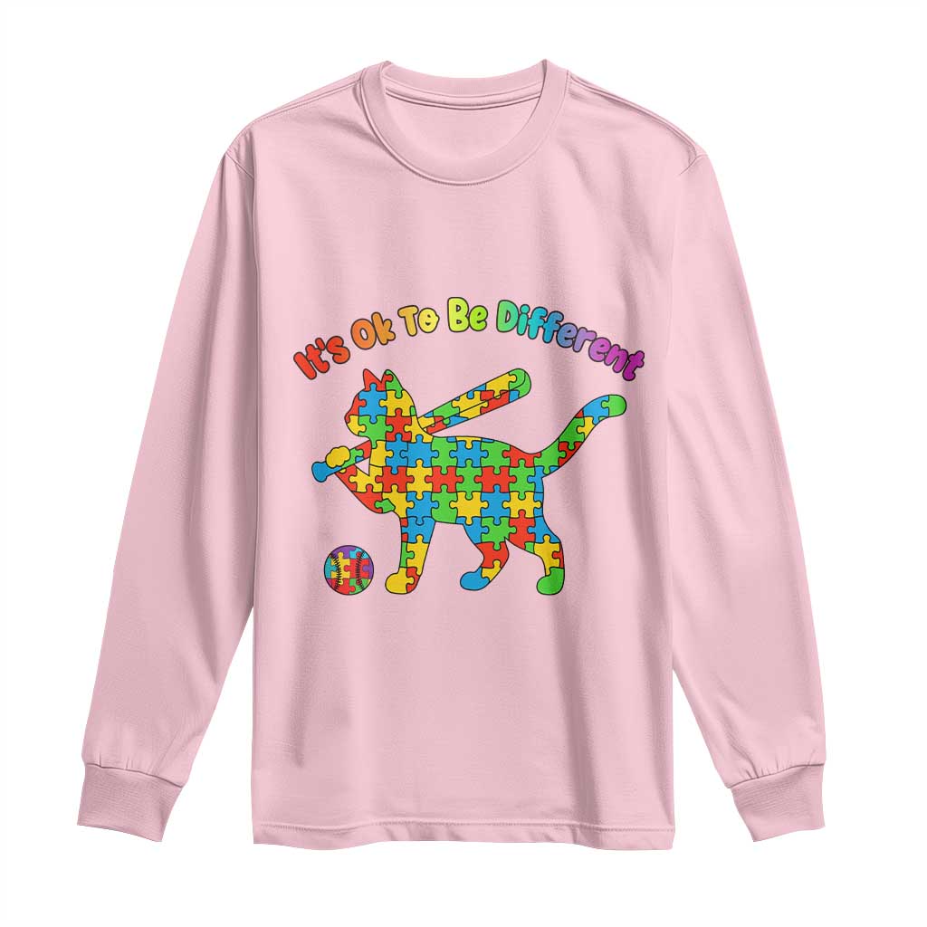 Autism Acceptance Baseball Cat Long Sleeve Shirt It Is Ok To Be Different