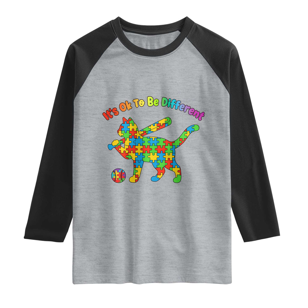 Autism Acceptance Baseball Cat Raglan Shirt It Is Ok To Be Different