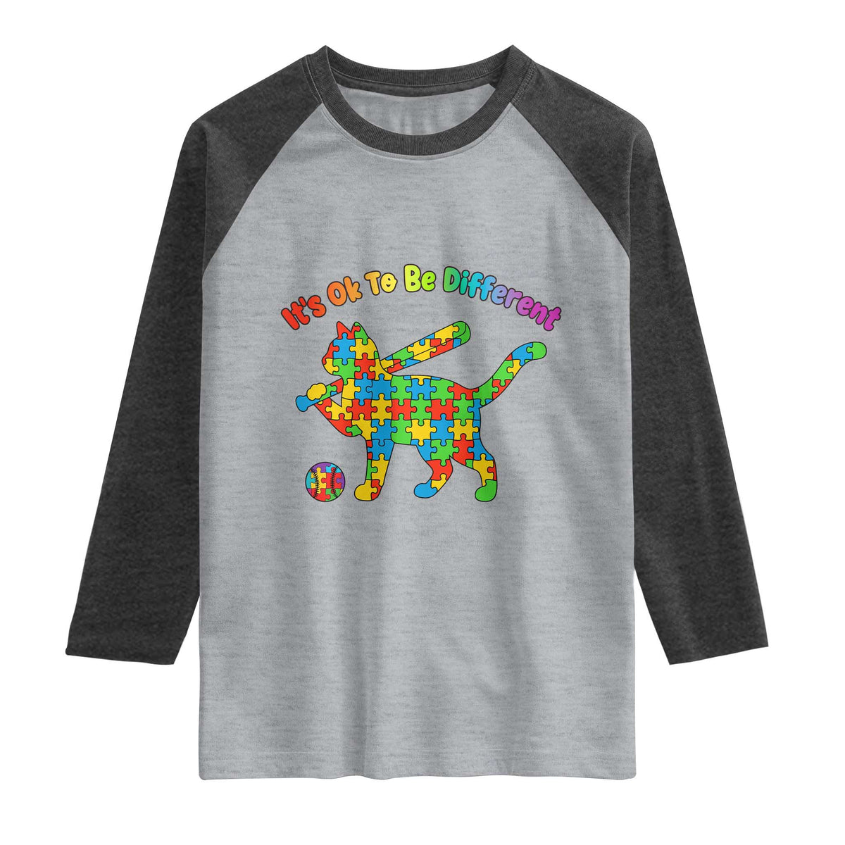 Autism Acceptance Baseball Cat Raglan Shirt It Is Ok To Be Different