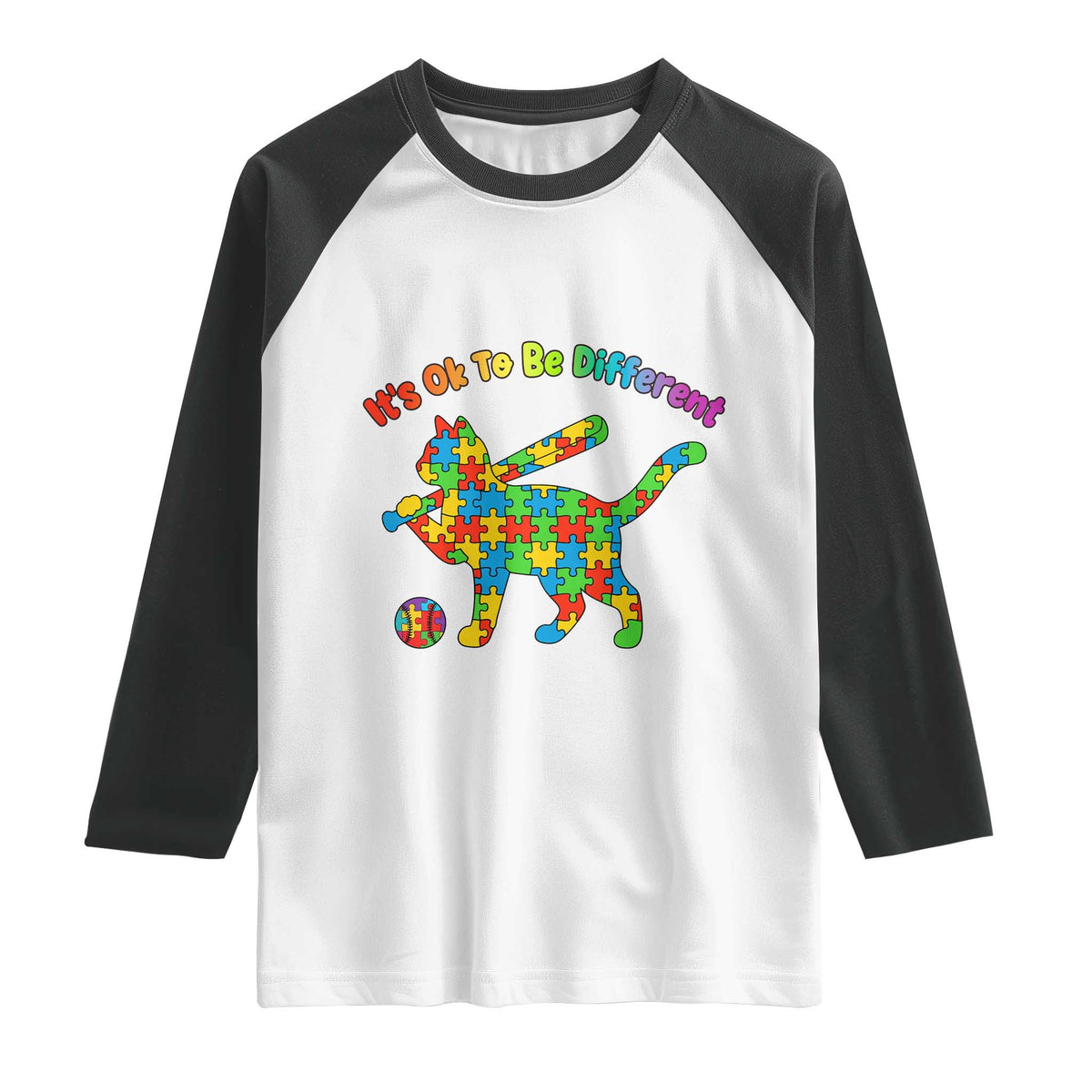 Autism Acceptance Baseball Cat Raglan Shirt It Is Ok To Be Different