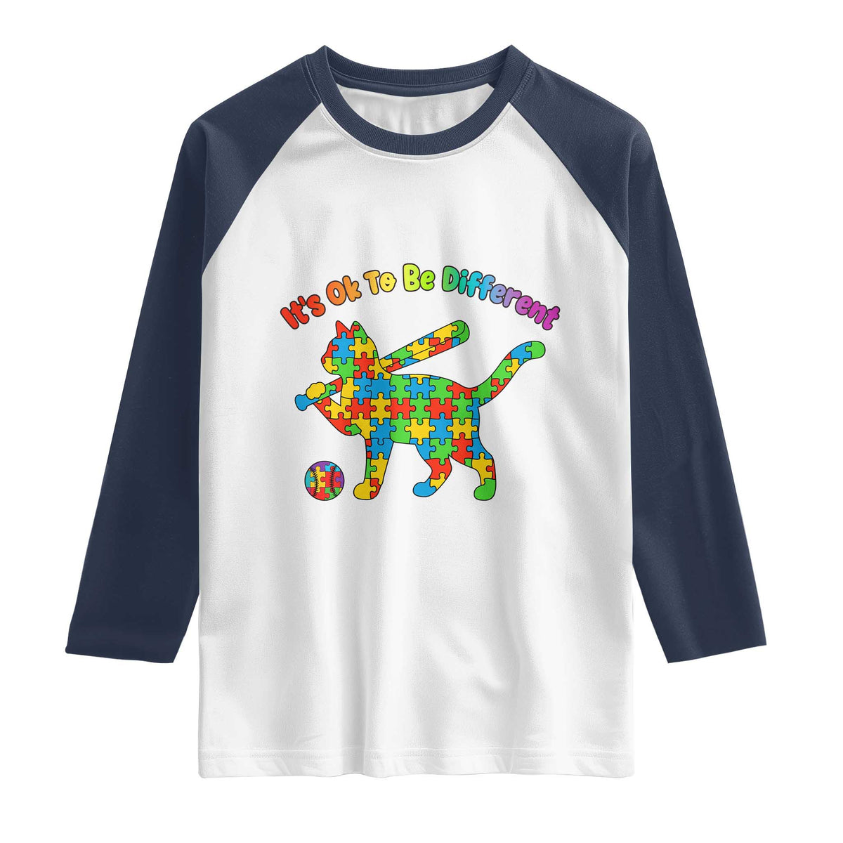 Autism Acceptance Baseball Cat Raglan Shirt It Is Ok To Be Different