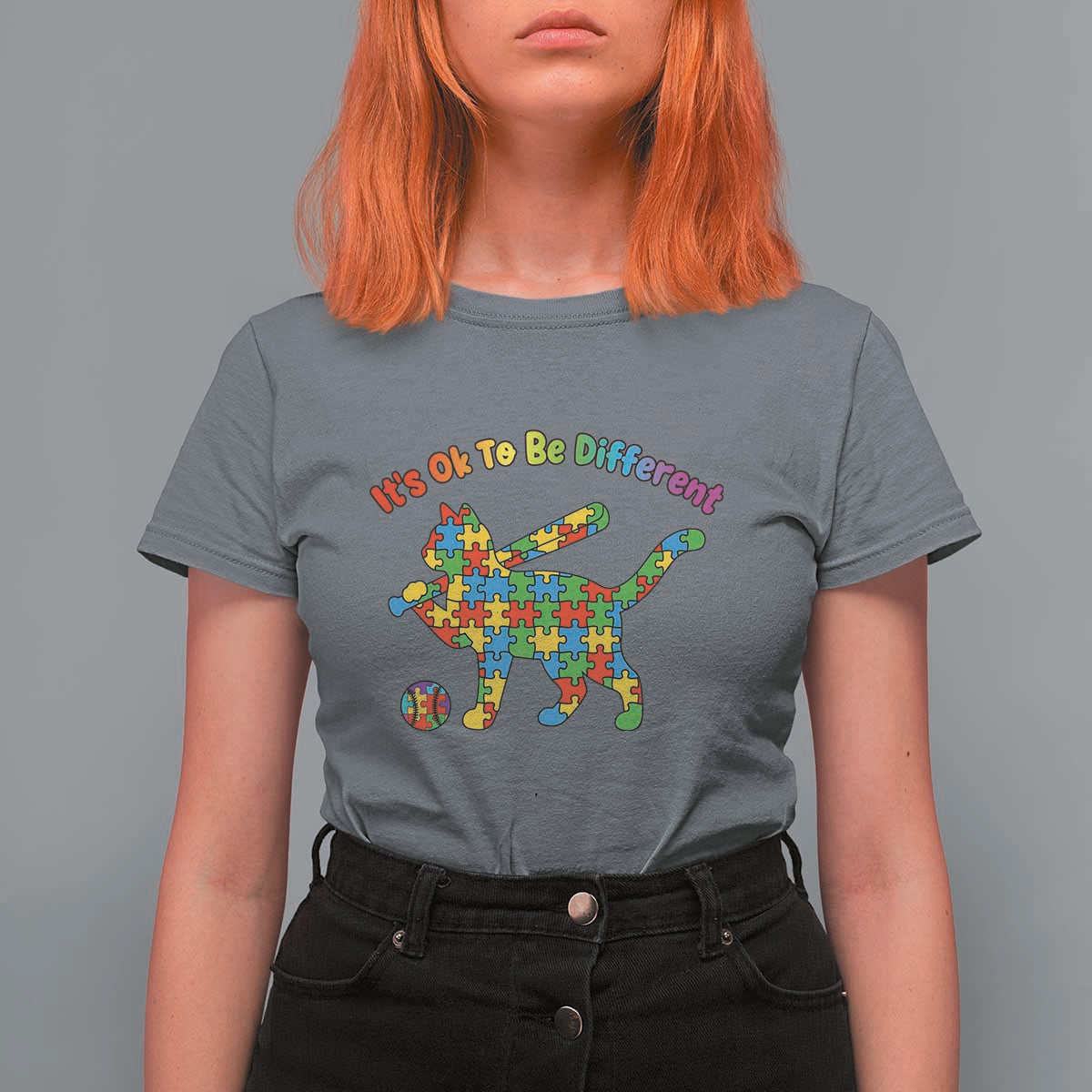 Autism Acceptance Baseball Cat T Shirt For Women It Is Ok To Be Different