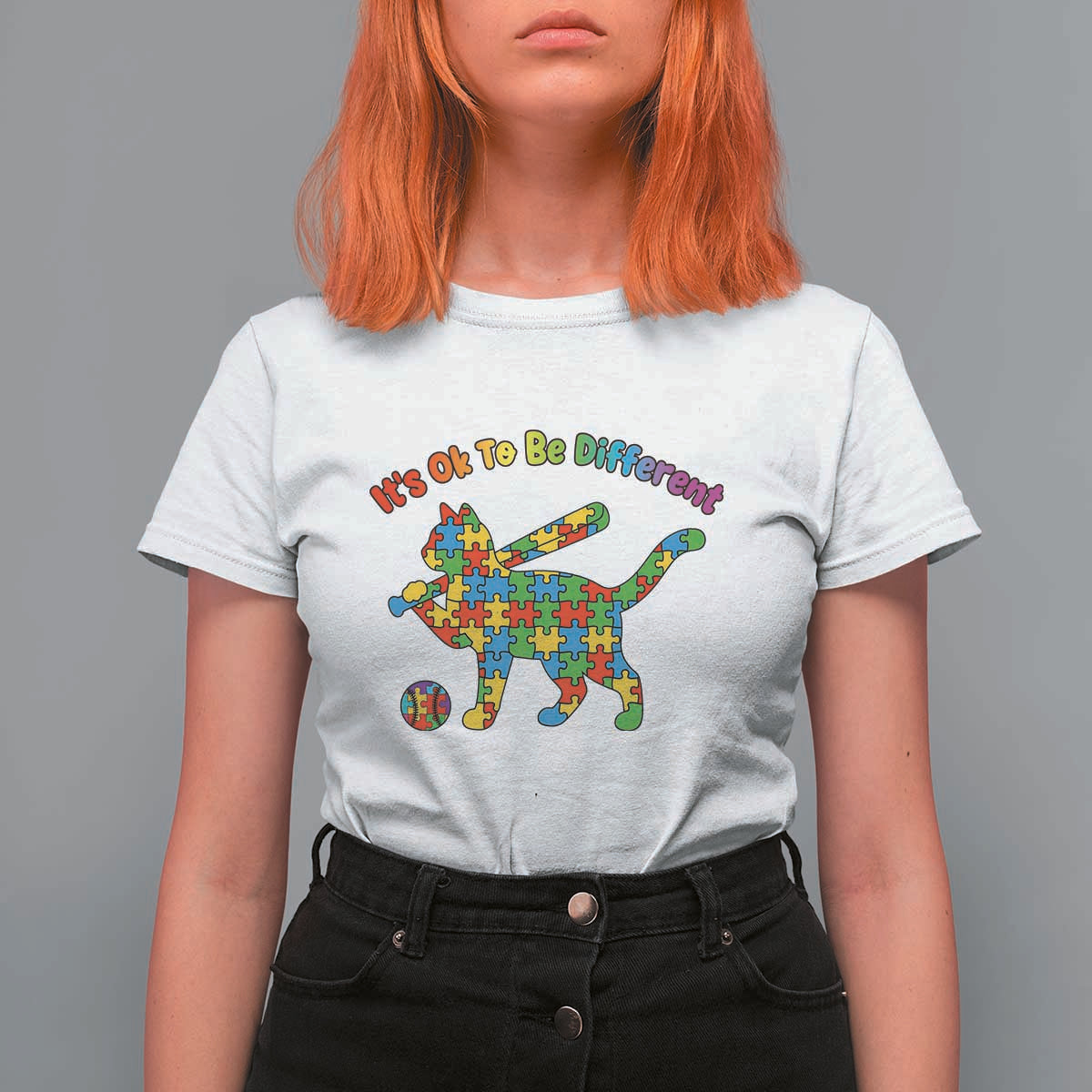 Autism Acceptance Baseball Cat T Shirt For Women It Is Ok To Be Different