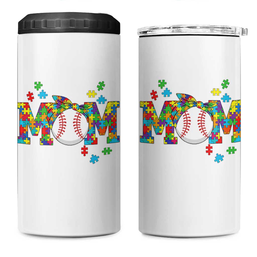 Autism Acceptance Baseball Mom 4 in 1 Can Cooler Tumbler Proud Mom Inclusive Support Graphic
