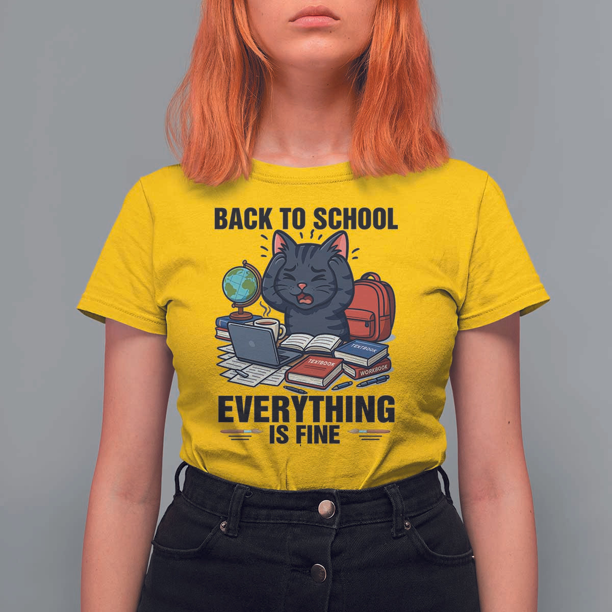 Funny Black Cat T Shirt For Women Back To School Everything Is Fine - Wonder Print Shop