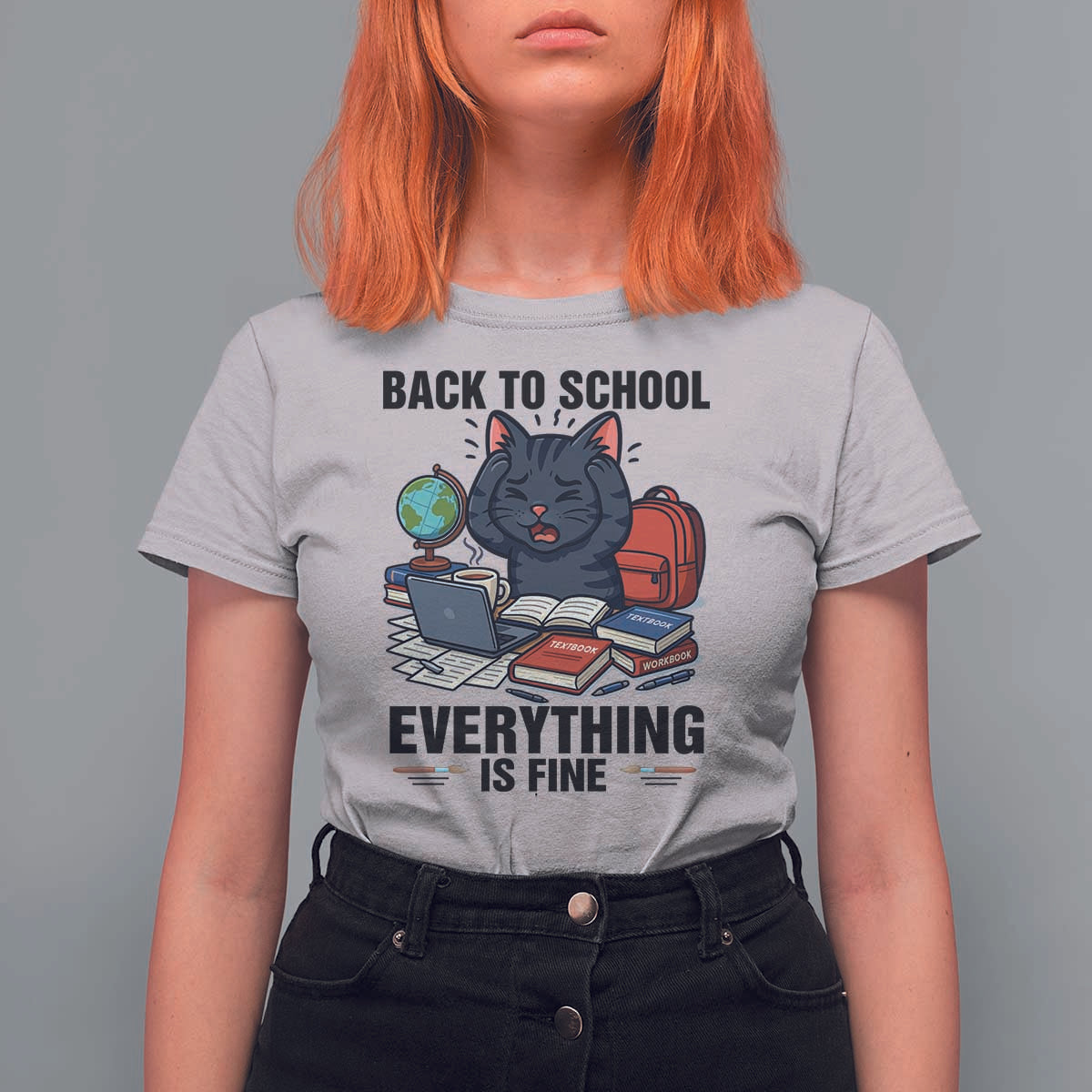 Funny Black Cat T Shirt For Women Back To School Everything Is Fine - Wonder Print Shop