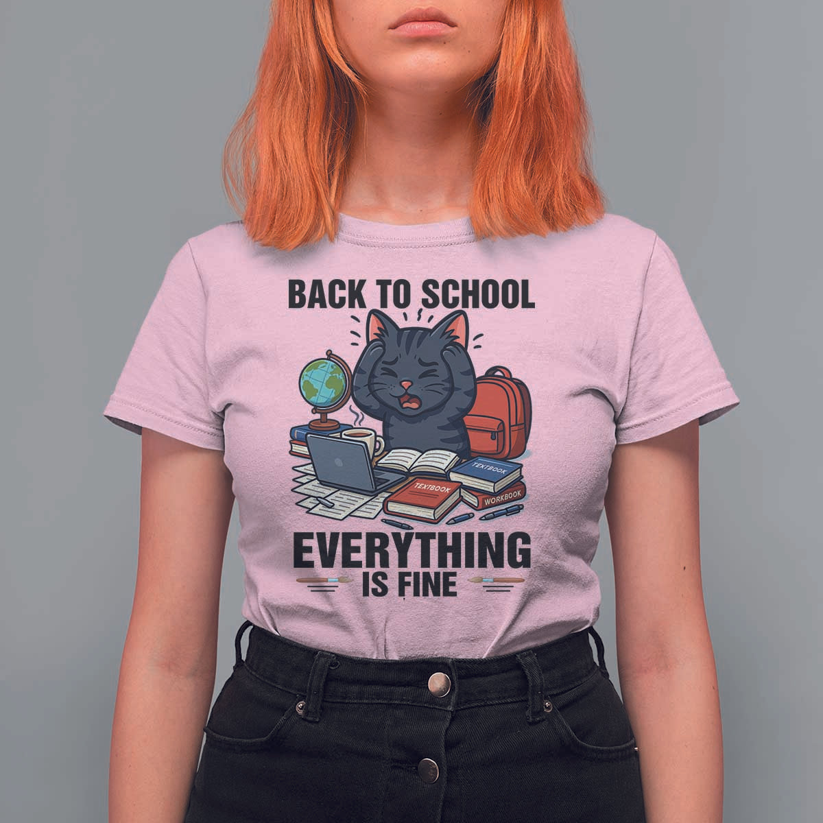 Funny Black Cat T Shirt For Women Back To School Everything Is Fine - Wonder Print Shop