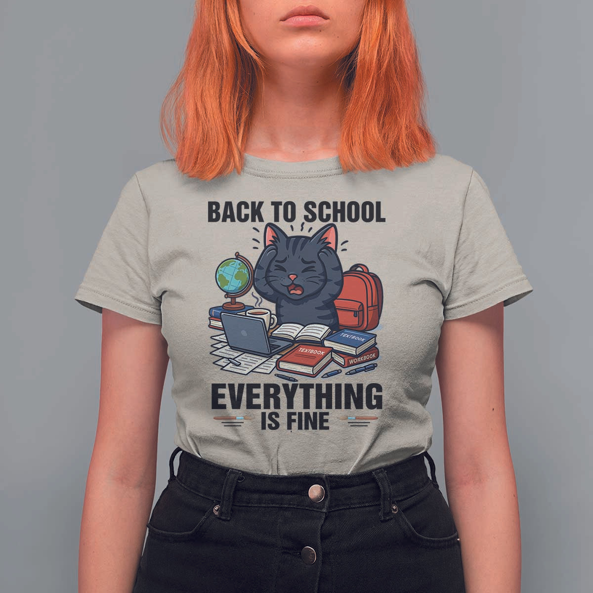 Funny Black Cat T Shirt For Women Back To School Everything Is Fine - Wonder Print Shop