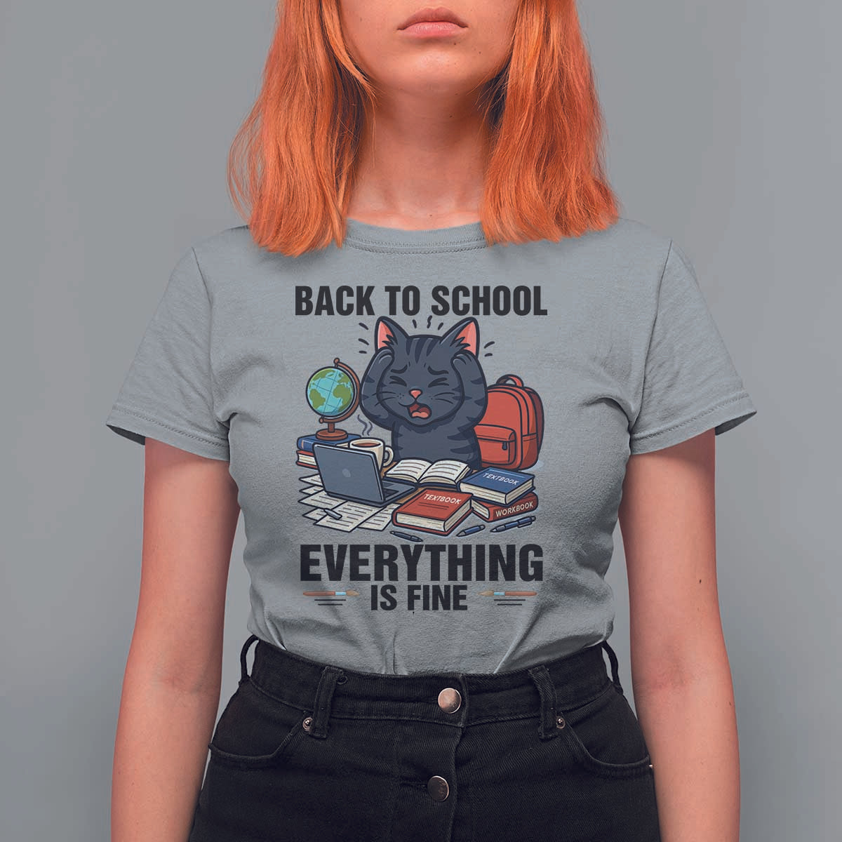 Funny Black Cat T Shirt For Women Back To School Everything Is Fine - Wonder Print Shop