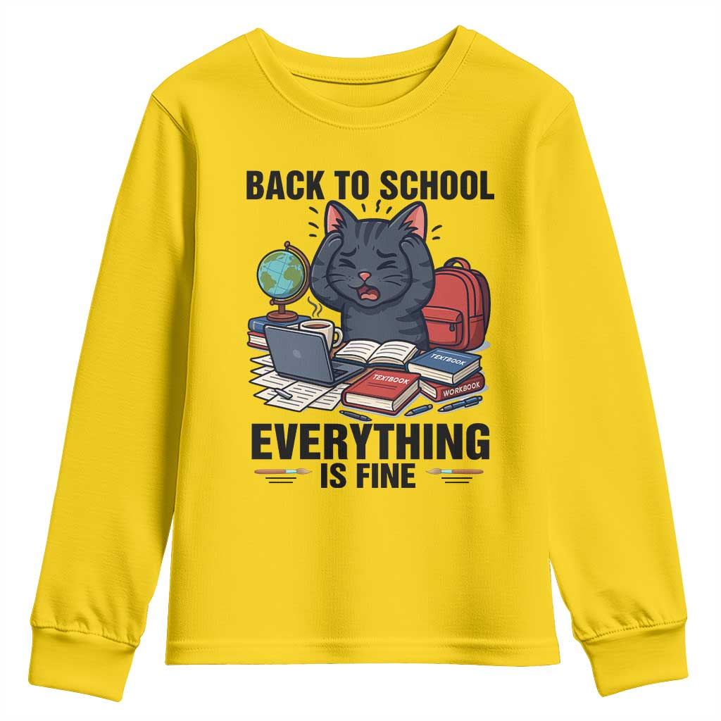 Funny Black Cat Youth Sweatshirt Back To School Everything Is Fine - Wonder Print Shop