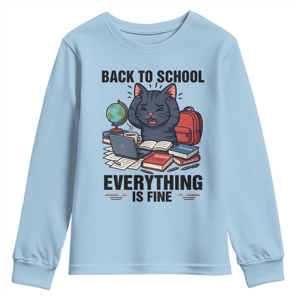 Funny Black Cat Youth Sweatshirt Back To School Everything Is Fine - Wonder Print Shop
