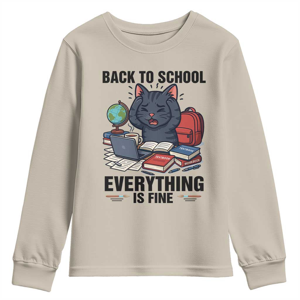 Funny Black Cat Youth Sweatshirt Back To School Everything Is Fine - Wonder Print Shop