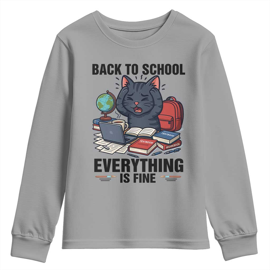 Funny Black Cat Youth Sweatshirt Back To School Everything Is Fine - Wonder Print Shop