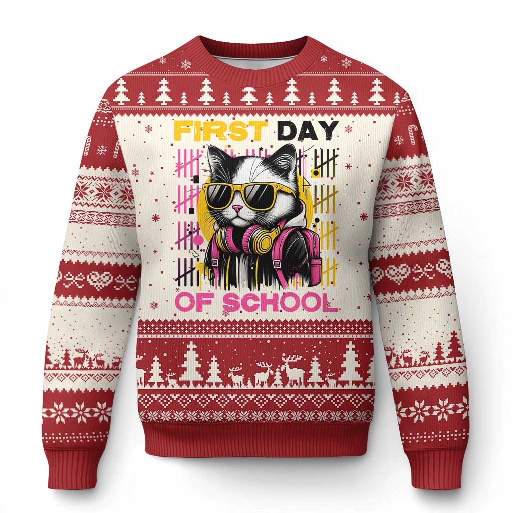 Funny Cat First Day Of School Ugly Christmas Sweater Back To School Gift For Kids - Wonder Print Shop