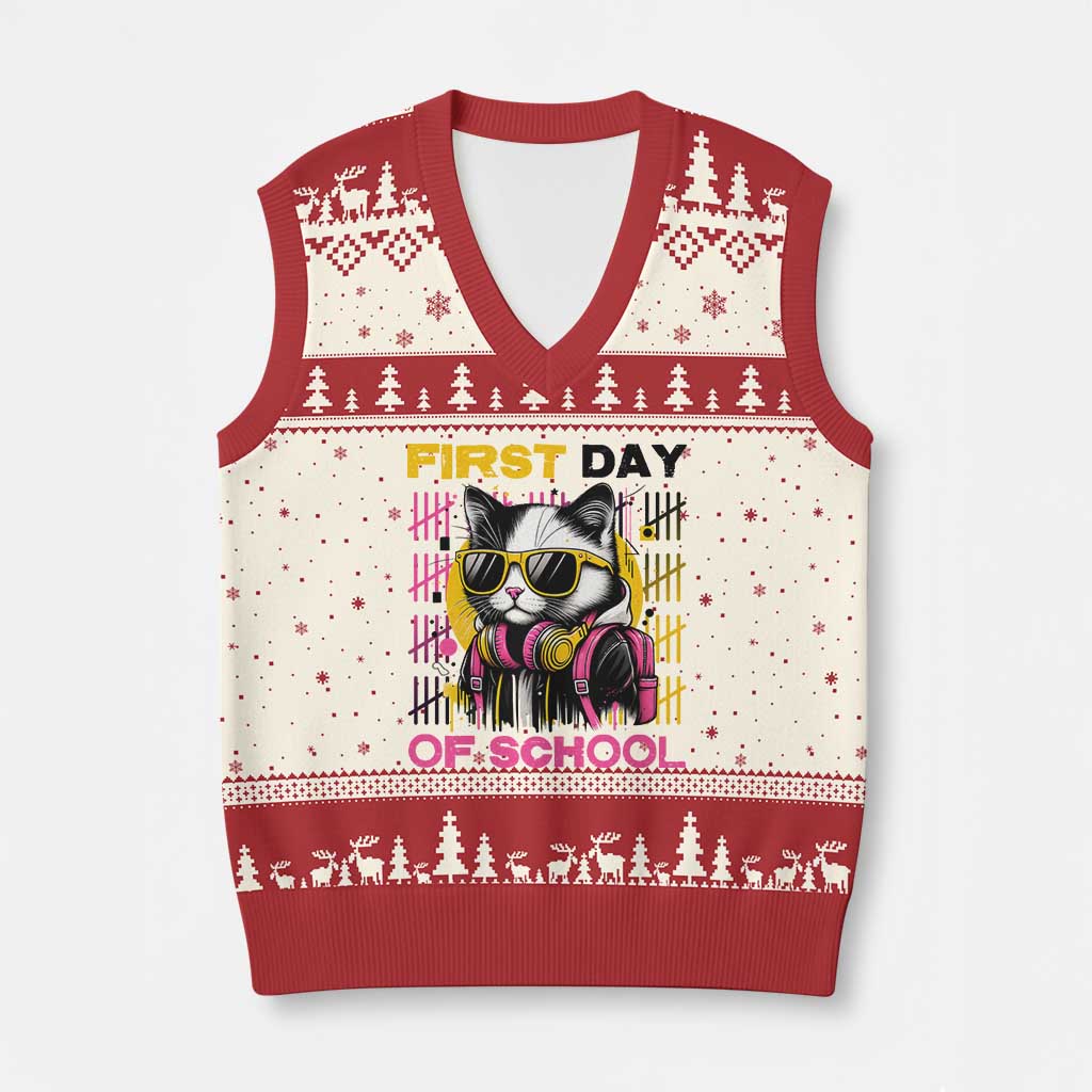 Funny Cat First Day Of School V-Neck Knit Sweater Vest Back To School Gift For Kids - Wonder Print Shop