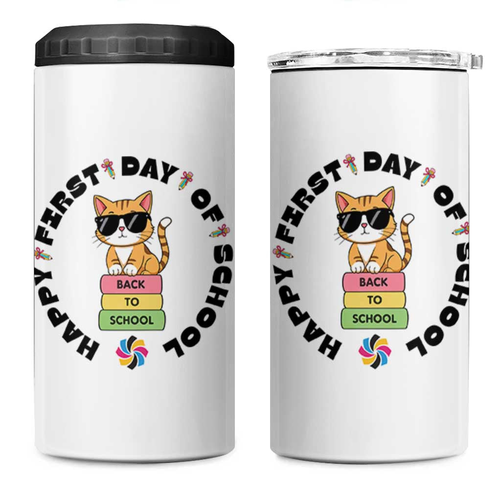 Cat Happy First Day Of School 4 in 1 Can Cooler Tumbler Back To School Gift For Kids