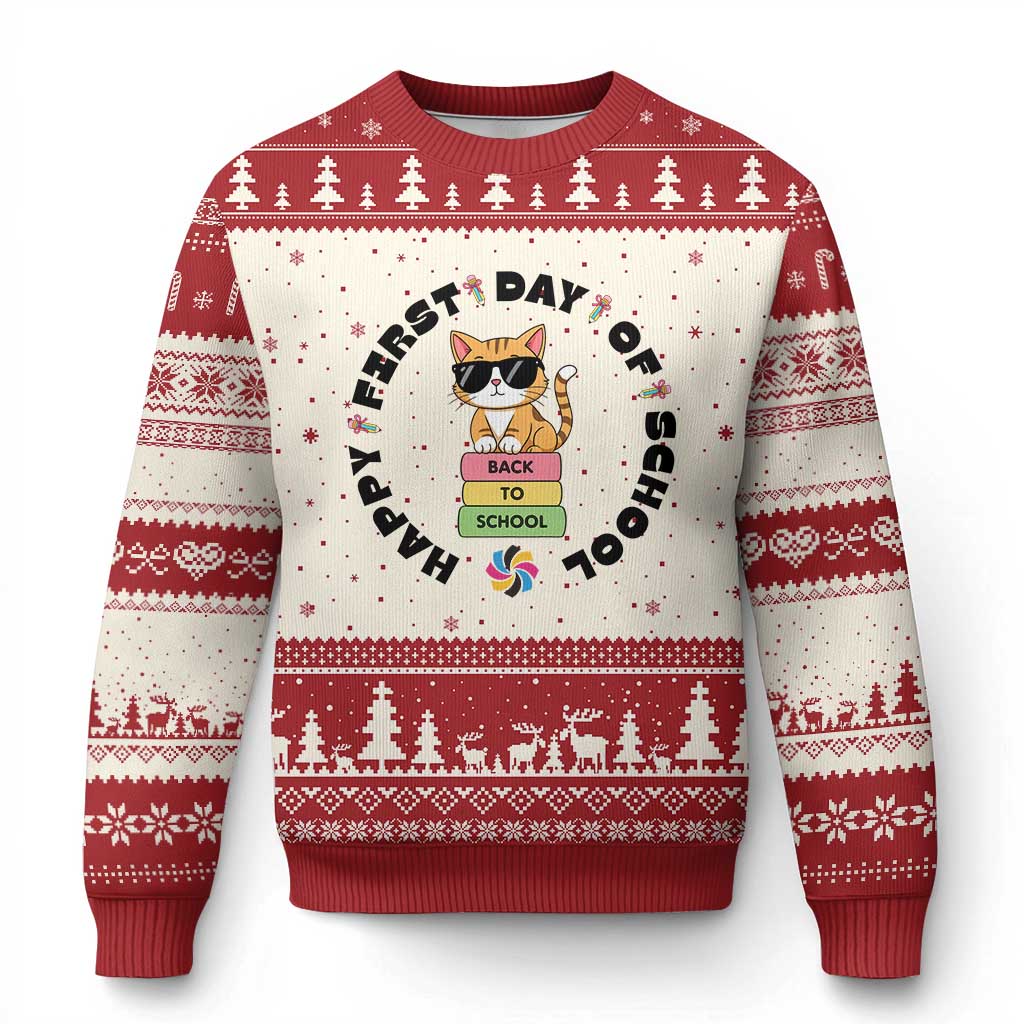 Cat Happy First Day Of School Ugly Christmas Sweater Back To School Gift For Kids - Wonder Print Shop