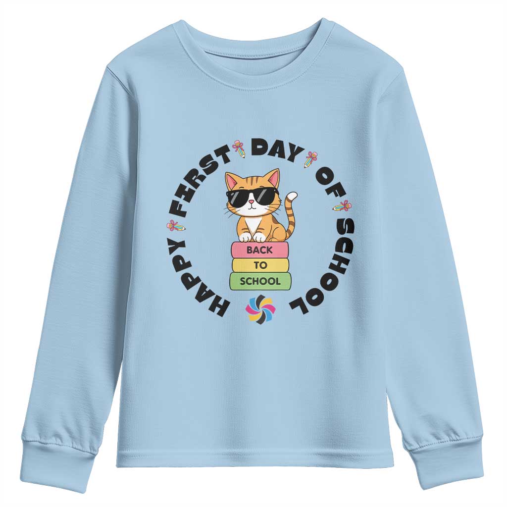 Cat Happy First Day Of School Youth Sweatshirt Back To School Gift For Kids - Wonder Print Shop