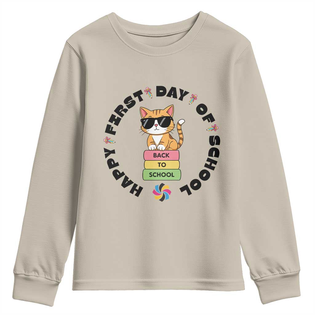 Cat Happy First Day Of School Youth Sweatshirt Back To School Gift For Kids - Wonder Print Shop