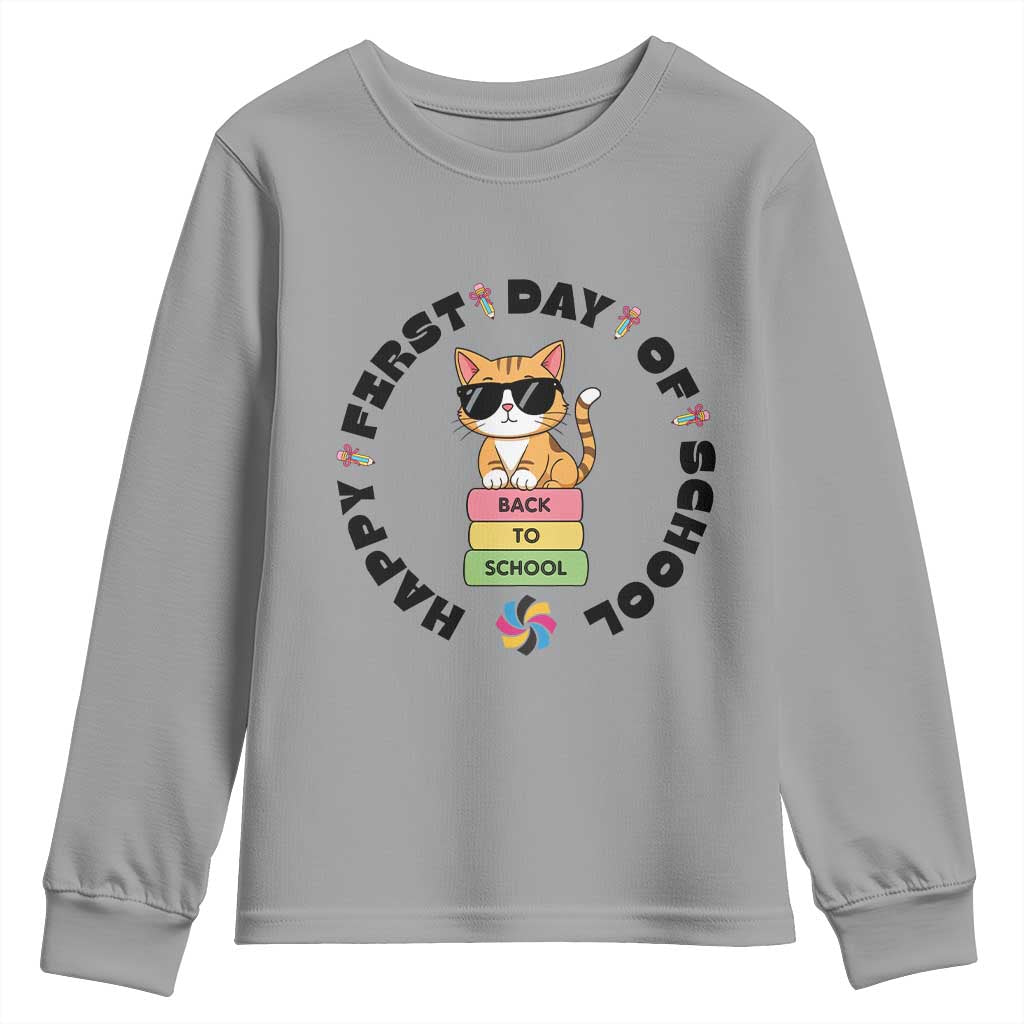Cat Happy First Day Of School Youth Sweatshirt Back To School Gift For Kids - Wonder Print Shop