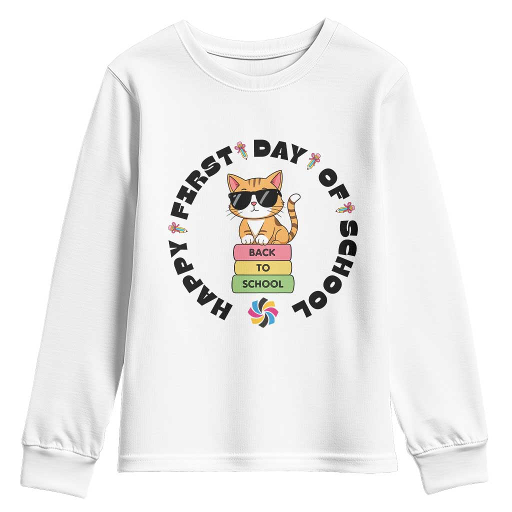 Cat Happy First Day Of School Youth Sweatshirt Back To School Gift For Kids - Wonder Print Shop