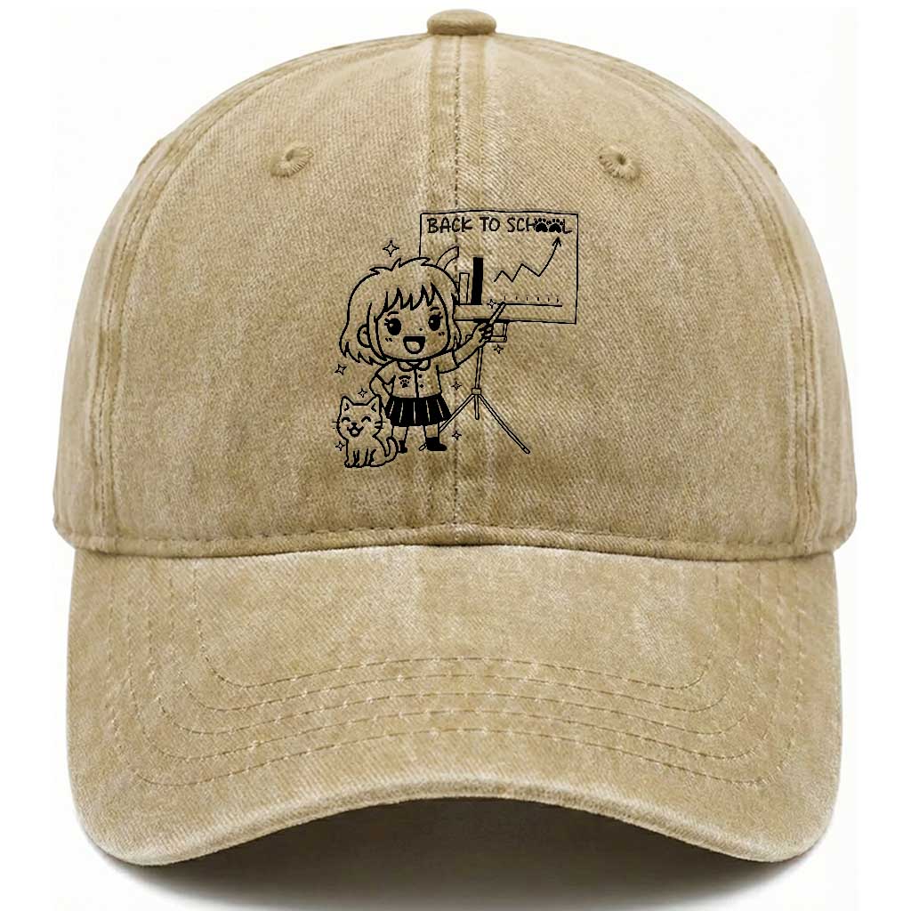 Back To school Washed Cotton Baseball Cap Funny Teacher Teaching Cat Lover Gift