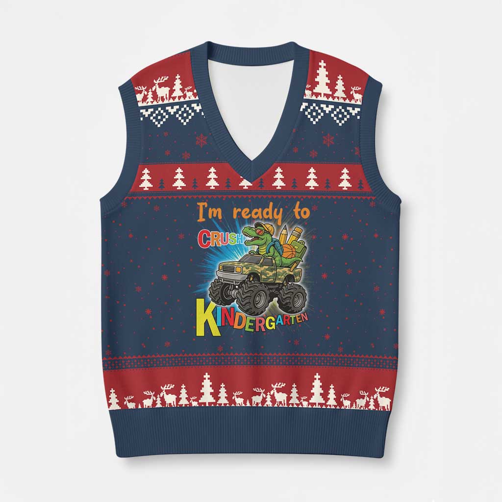 Im Ready To Crush Kindergarten V-Neck Knit Sweater Vest Dinosaur Driving Truck Gift - Wonder Print Shop