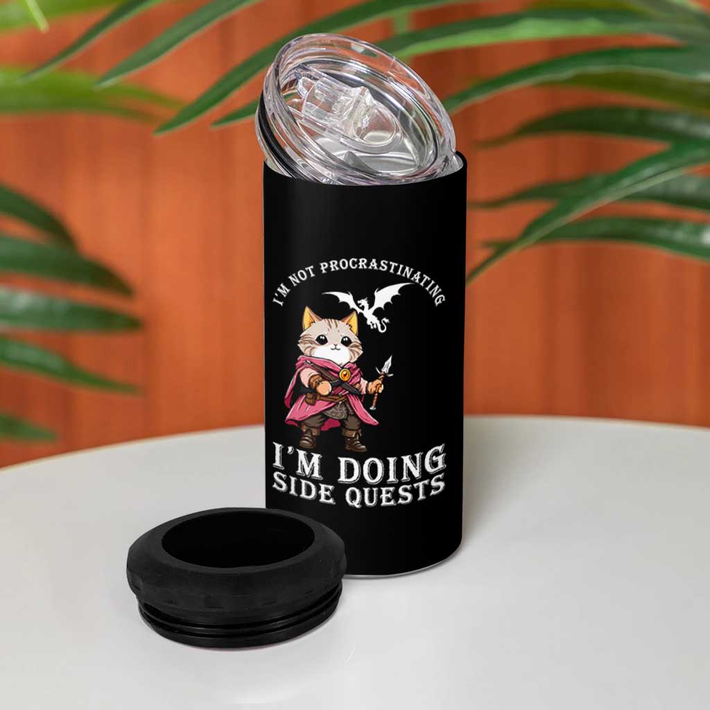 Im Not Procrastinating Im Doing Side Quests 4 in 1 Can Cooler Tumbler Funny RPG Gamer Cat Lover Gift