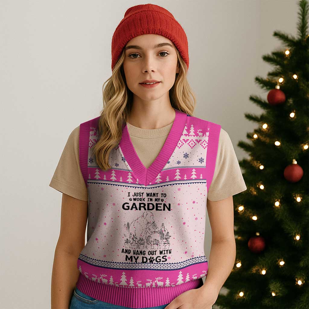 I Just Want To Garden And Hangout With My Dog V-Neck Knit Sweater Vest Gardener Gift - Wonder Print Shop