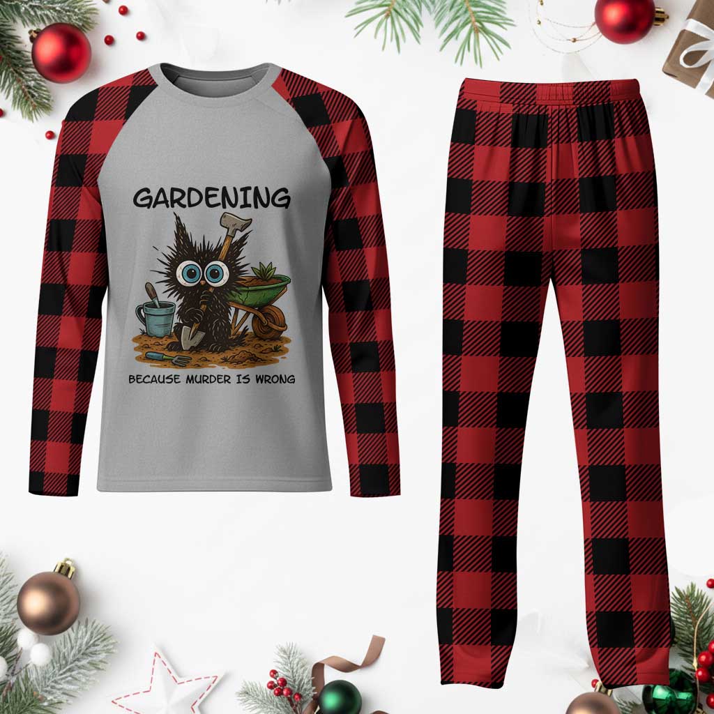 Gardening Because Murder Is Wrong Plaid Pajama Set Funny Black Cat Gardener Gift - Wonder Print Shop