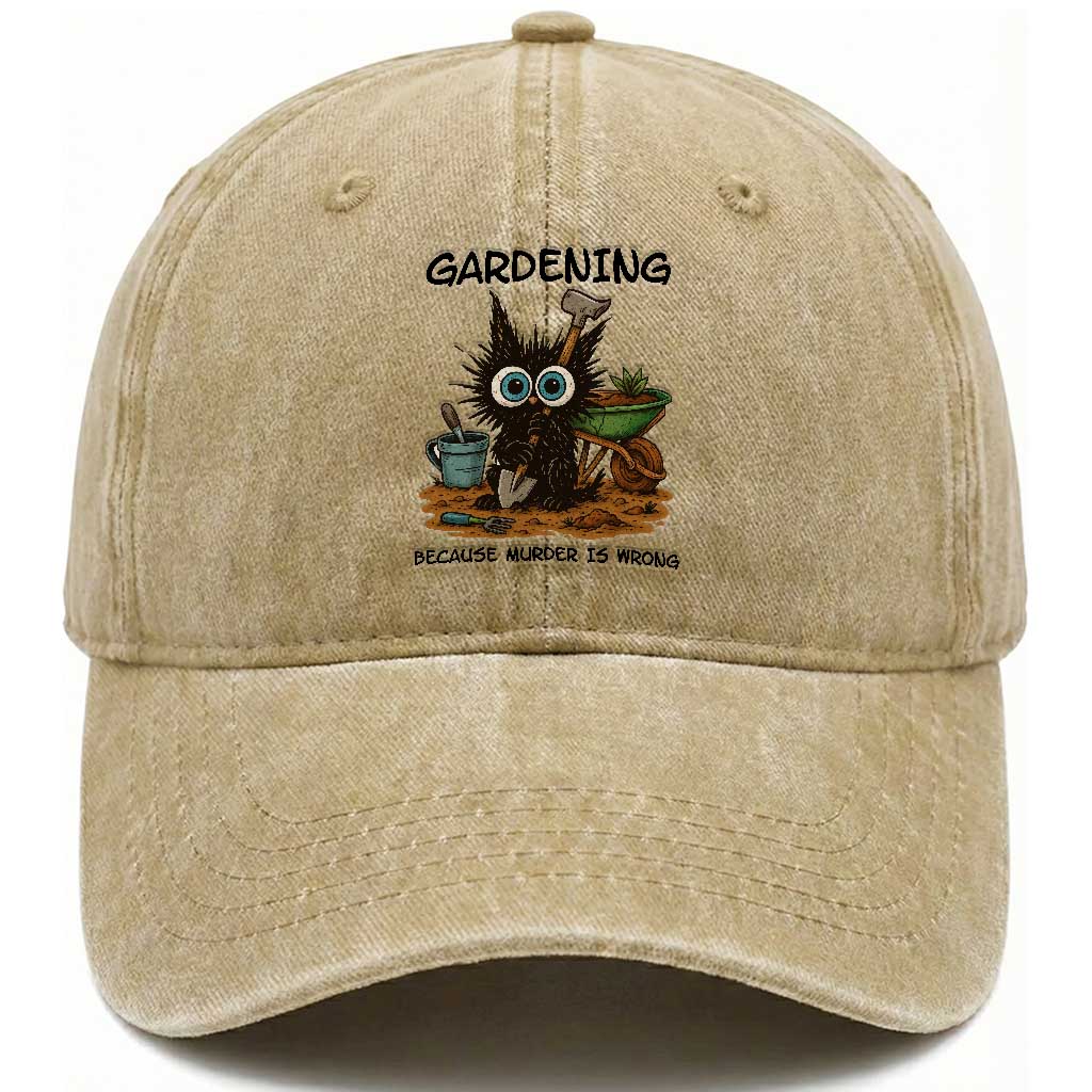 Gardening Because Murder Is Wrong Washed Cotton Baseball Cap Funny Black Cat Gardener Gift
