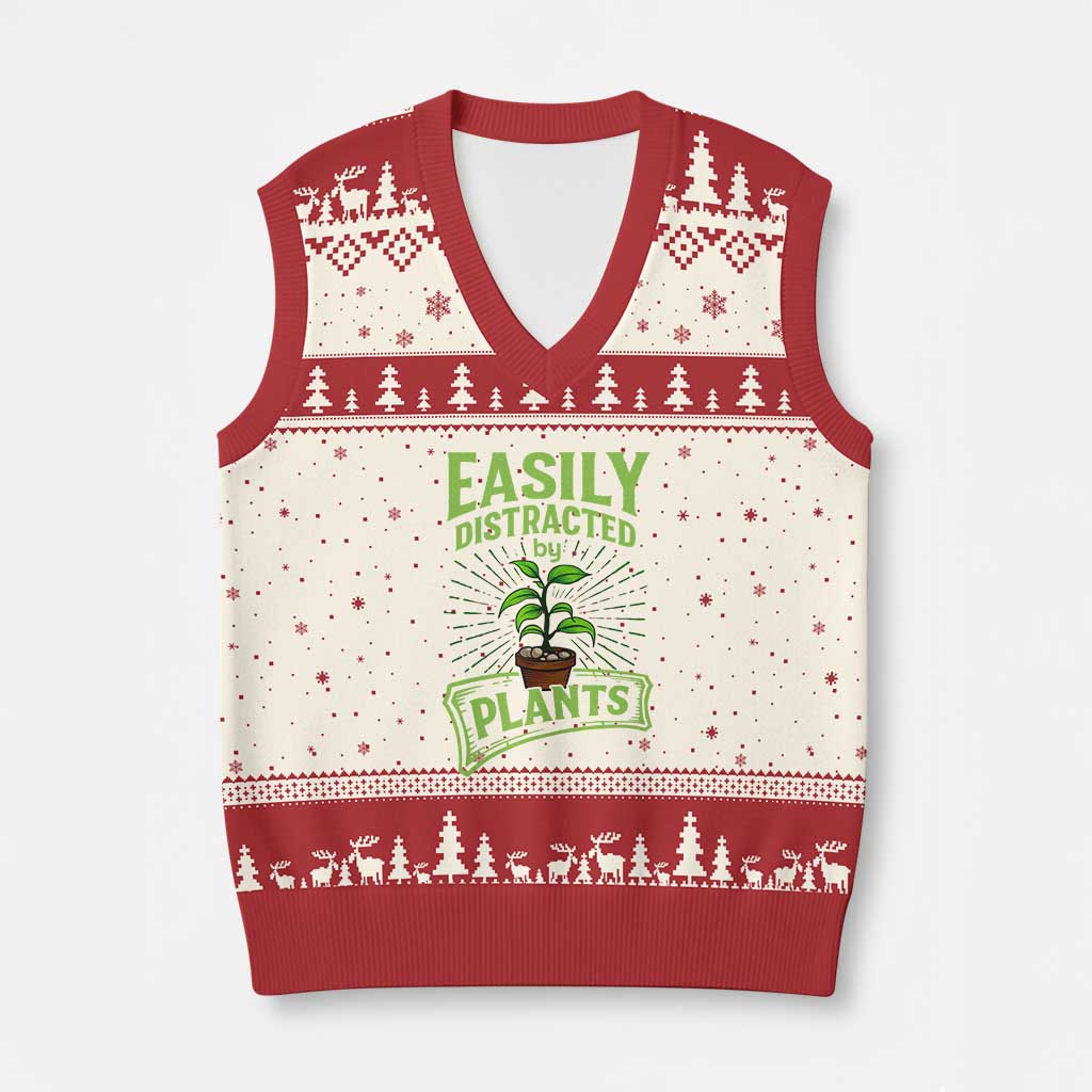 Easily Distracted By Plants V-Neck Knit Sweater Vest Funny Gardening Lover Gift - Wonder Print Shop