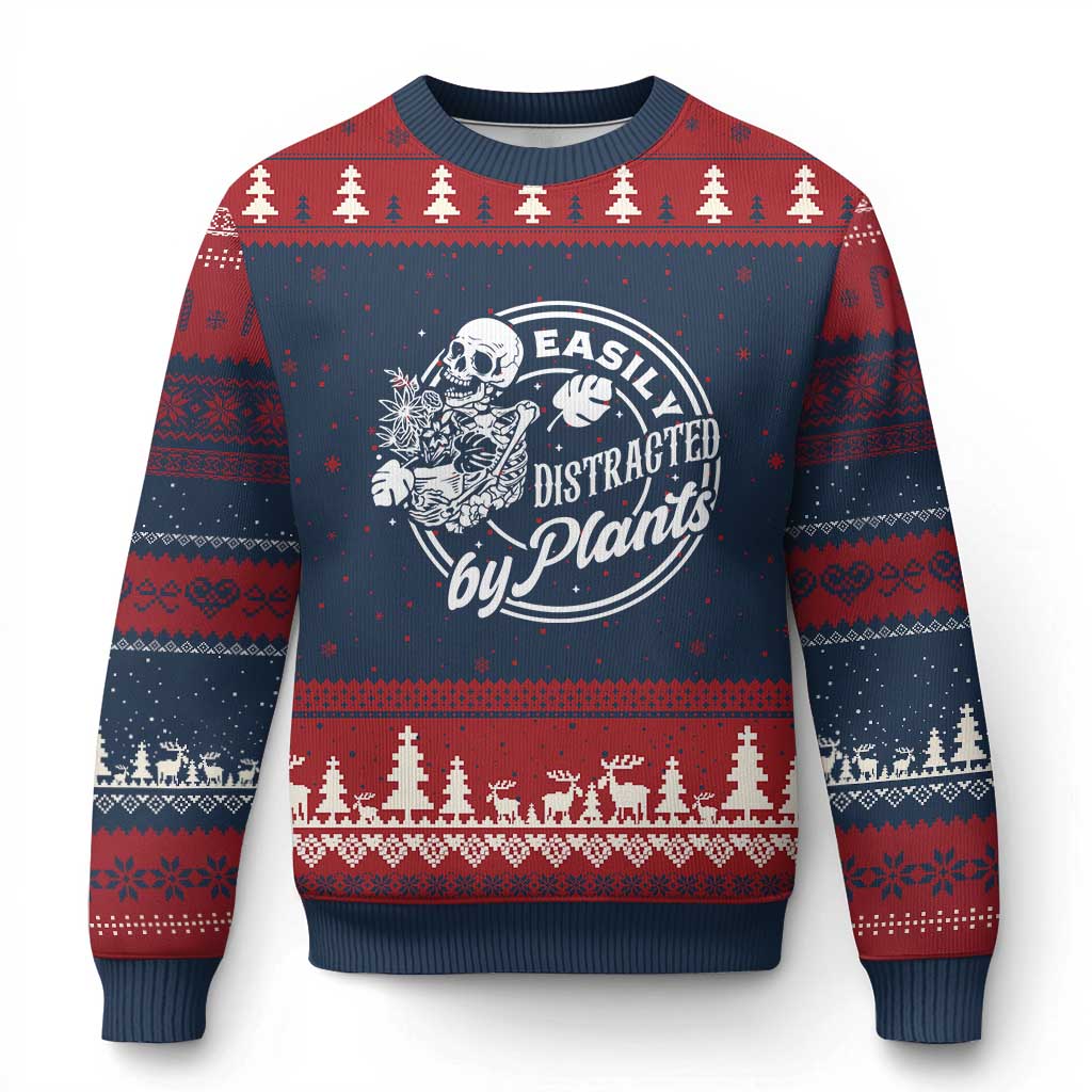 Easily Distracted By Plants Skeleton Ugly Christmas Sweater Funny Gardener Plant Lover - Wonder Print Shop