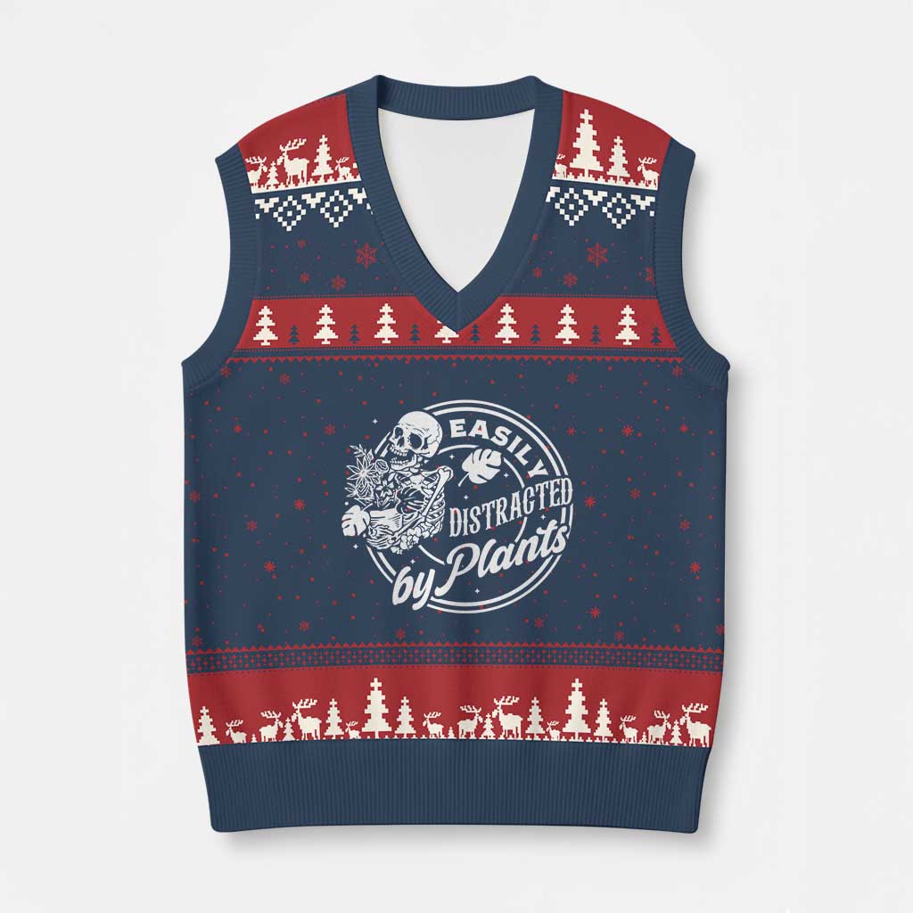 Easily Distracted By Plants Skeleton V-Neck Knit Sweater Vest Funny Gardener Plant Lover - Wonder Print Shop