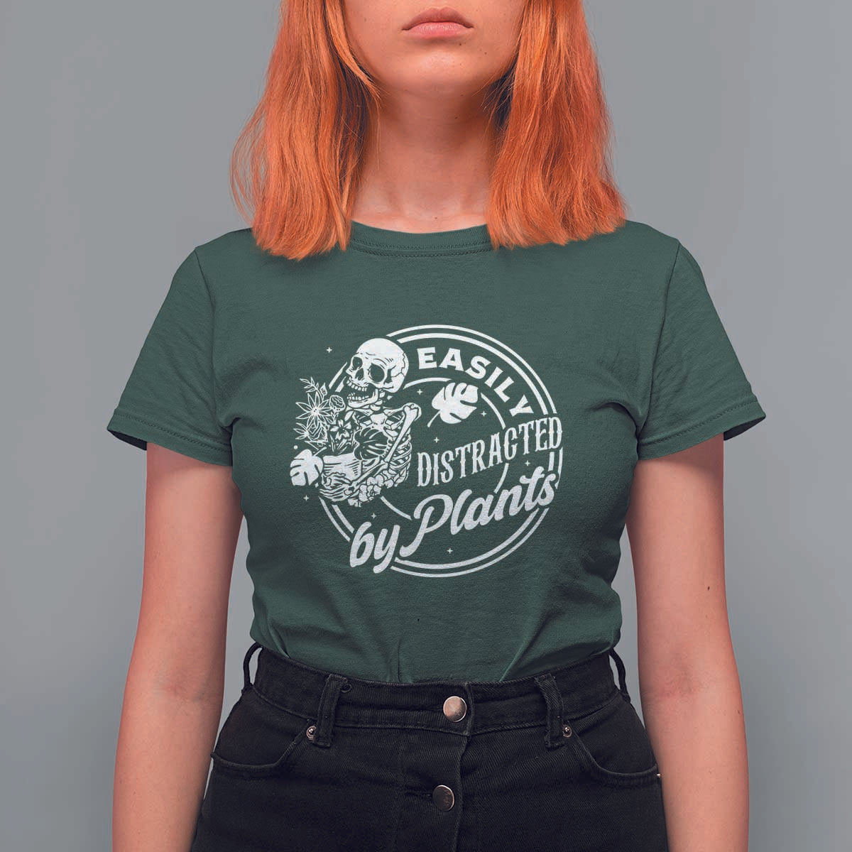 Easily Distracted By Plants Skeleton T Shirt For Women Funny Gardener Plant Lover - Wonder Print Shop