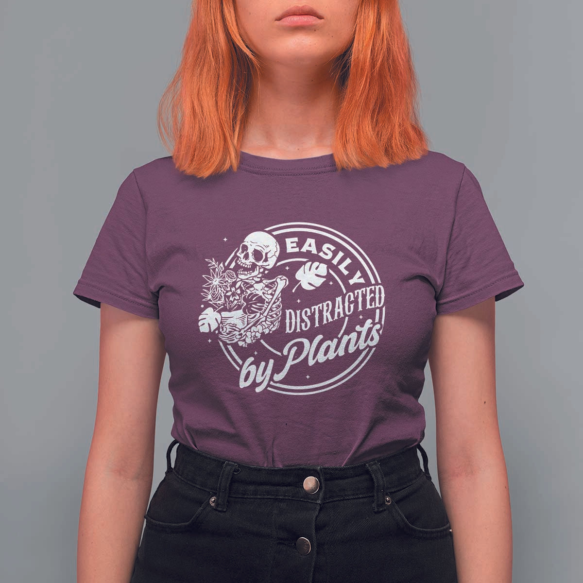 Easily Distracted By Plants Skeleton T Shirt For Women Funny Gardener Plant Lover - Wonder Print Shop