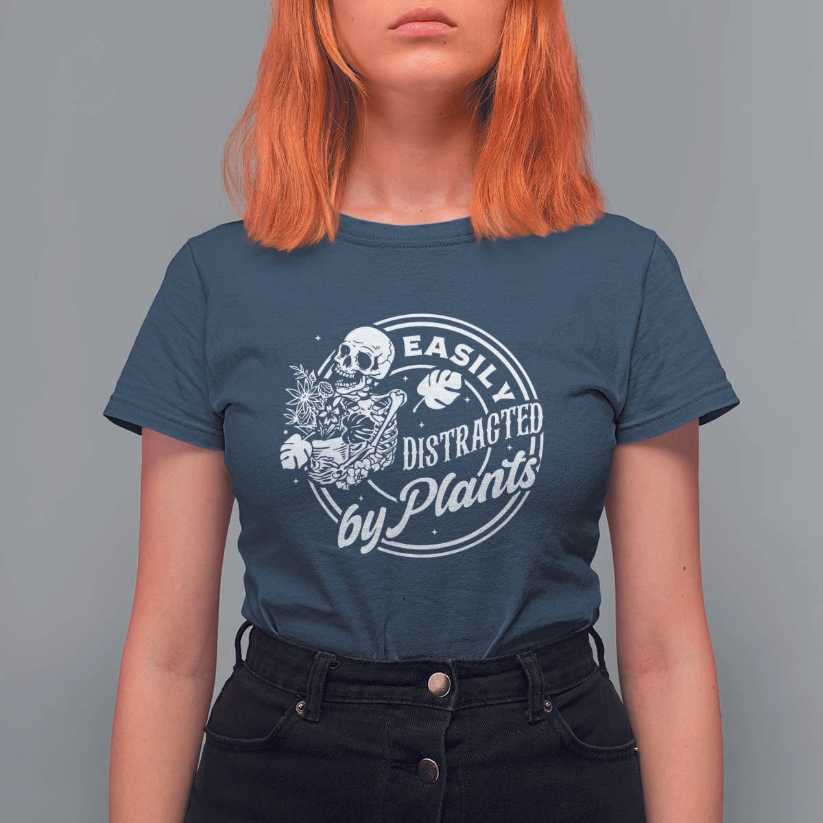 Easily Distracted By Plants Skeleton T Shirt For Women Funny Gardener Plant Lover - Wonder Print Shop