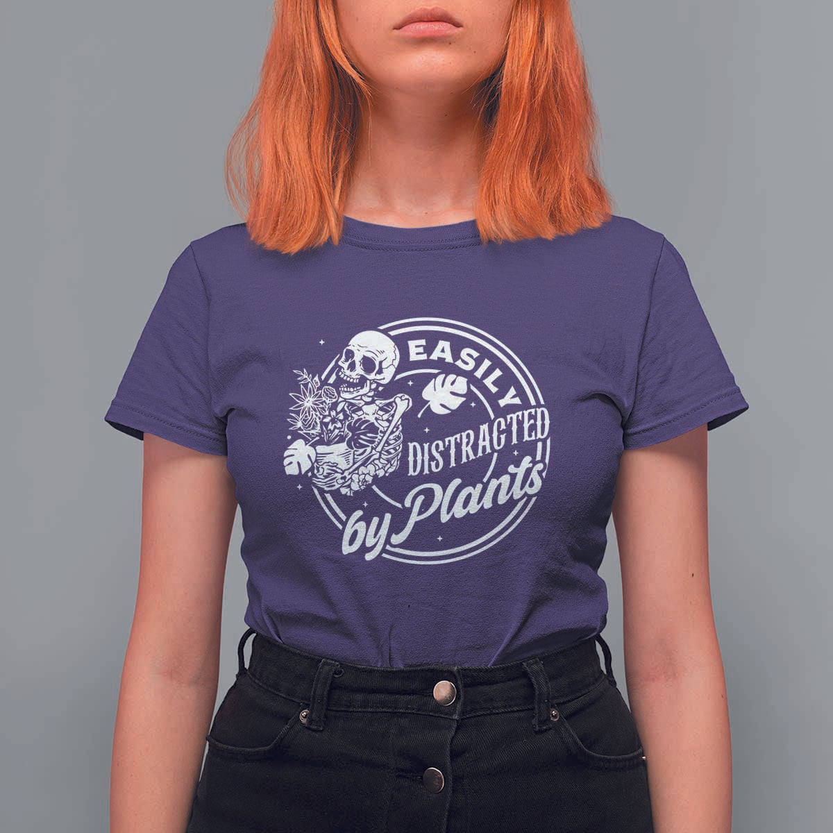 Easily Distracted By Plants Skeleton T Shirt For Women Funny Gardener Plant Lover - Wonder Print Shop