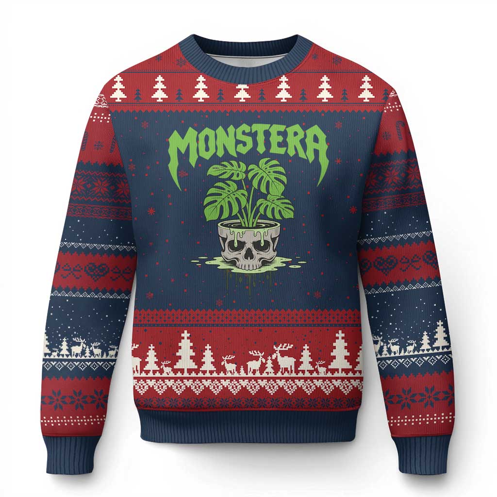 Monstera Lover Houseplant Gift Ugly Christmas Sweater Skull Plant Pot Graphic - Wonder Print Shop